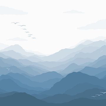 Vue d'une montagne avec des oiseaux - Illustration bleue sur Studio Hinte