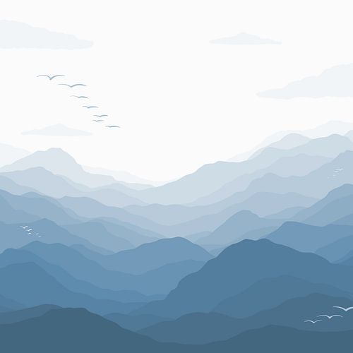Bergblick mit Vögeln - Blaue Illustration