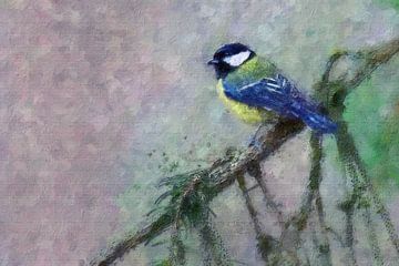 Great tit on a pine branch (art) by Art by Jeronimo