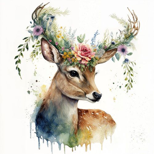 A watercolour of a deer with flowers in its antlers
