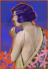 Retro woman with a pearl necklace – oil painting in Art Deco style