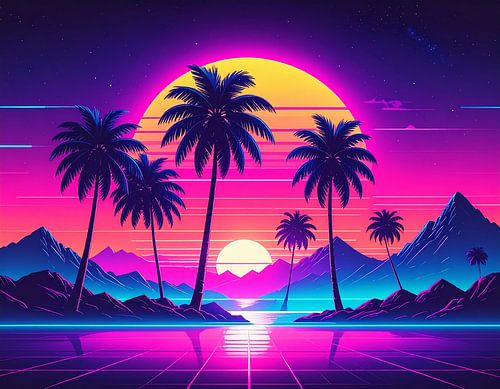 Retro sunset and mountains