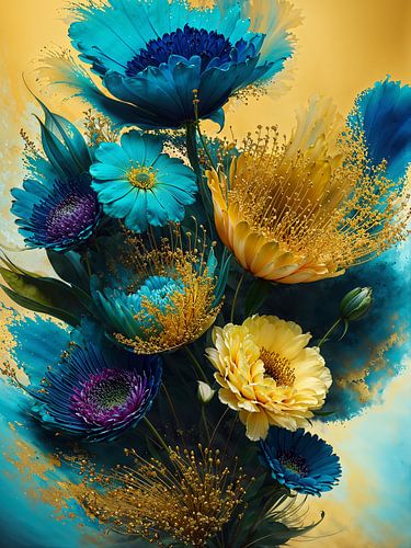 Abstract flowers in yellow and blue
