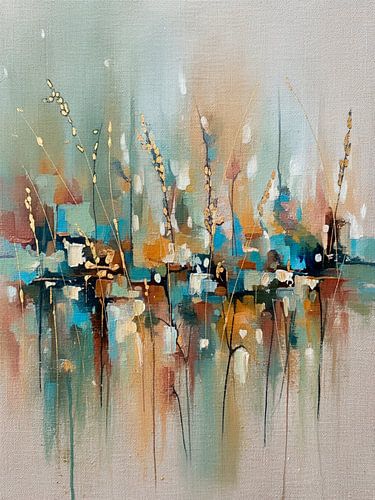 Frühling! Abstrakte Reetlandschaft mit blauen Akzenten und Gold