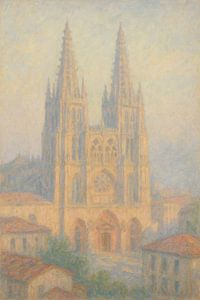 Die gotische Kathedrale von Burgos an einem nebligen Morgen – Kastilische Architektur Impressionistische Kunst