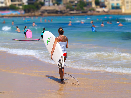 Sunny Tropical Beach Surfer Stroll in Bondi, Australia