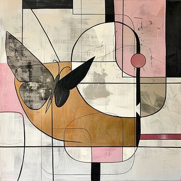 Moderne abstracte kunst: grote vormen in aardetinten en zwarte lijnen, met roze accenten van Thea