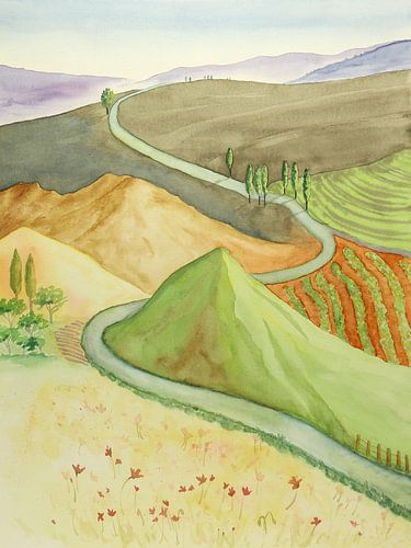 Het glooiende landschap (aquarel schilderij natuur heuvels zonsondergang  groen road trip reizen)