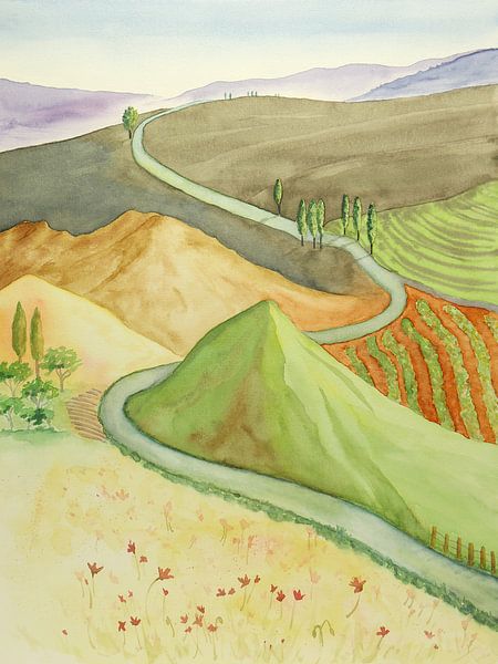 Het glooiende landschap (aquarel schilderij natuur heuvels zonsondergang  groen road trip reizen) van Natalie Bruns