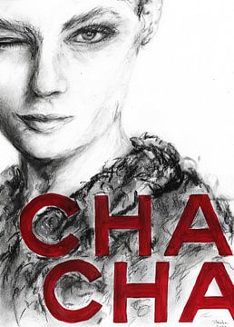 Portret van de Miss Cha Cha . Houtskool tekening. van Ineke de Rijk