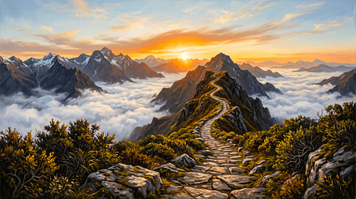 Gouden zonsopgang boven mistige bergtoppen met een kronkelend stenen pad, majestueus landschapsschilderij