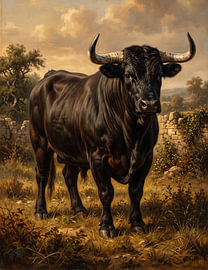 Majestic Black Bull in a Golden Rustic Landscape by haroulita