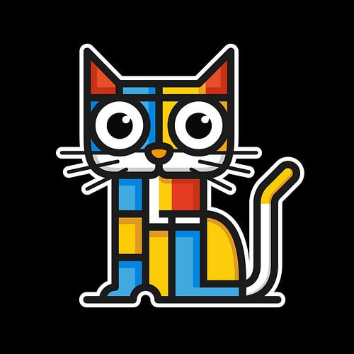 Kubistische Illustratie van een kat in Piet Mondriaan stijl.