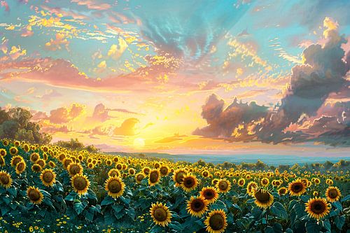 Magnifique champ de tournesols au coucher du soleil