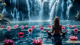 meditating woman at waterfall