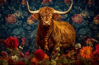 Schotse Hooglander tussen een bloemenpracht van Thea thumbnail