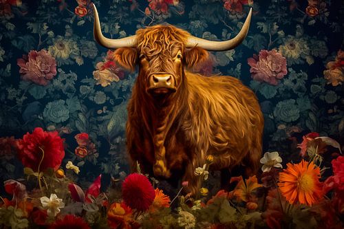 Schottischer Highlander inmitten einer Blumenpracht