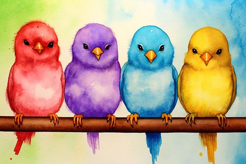 Gezellige kleurrijke vogels op een tak