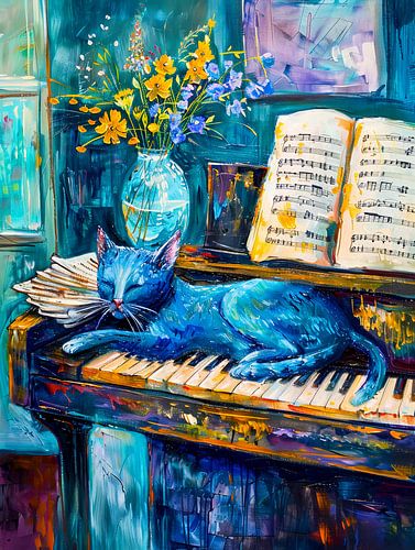 De kat ligt te slapen op de piano