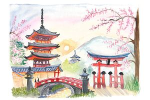 Kyoto Ruhige Berge mit Mandelblüten im Frühling