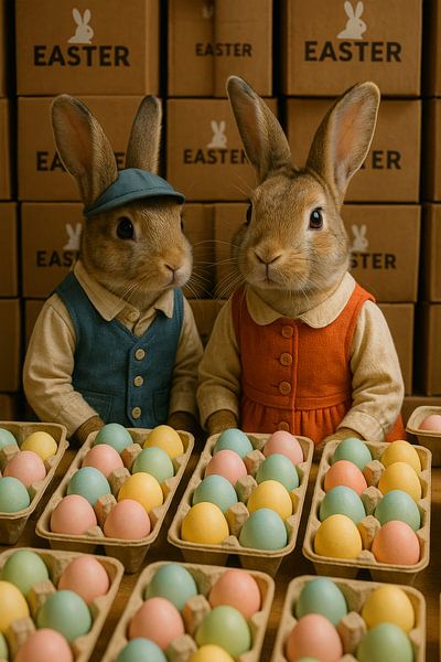Niedliche Osterhasen bei der Arbeit zwischen bunten Eiern von But First Framing