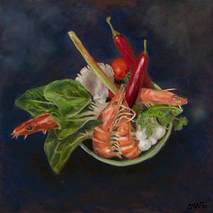 crevettes et piment, peinture à l'huile sur Astridsart