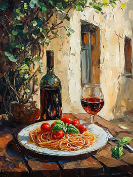 Spaghetti al Pomodoro und Rotwein