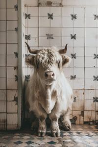 Kleine schotse hooglander in een verlaten badkamer met witte tegels van Digitale Schilderijen