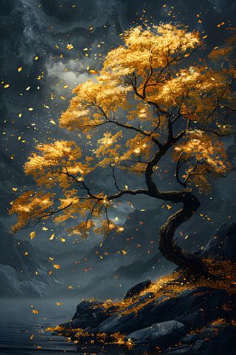 Peinture or noir | Peinture arbre | Grande peinture salle de séjour