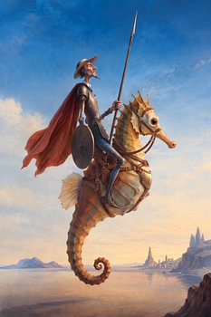 Don Quichotte chevauchant un hippocampe doré