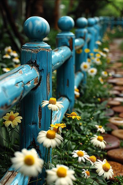 Blauer verwitterter Zaun mit Gänseblümchen im Garten von Imperial Art House