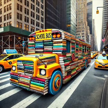 Schoolbus gemaakt van boeken van Eric Nagel