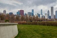 Chicago Skyline vanaf het gazon bij het Field Museum daglichtzicht met wolken in de lucht