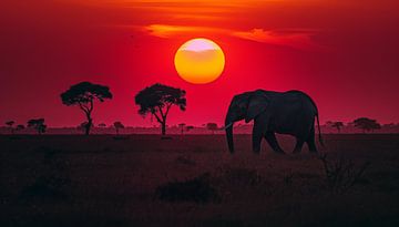 Eléphant solitaire en Afrique panorama coucher de soleil rouge-jaune sur TheXclusive Art
