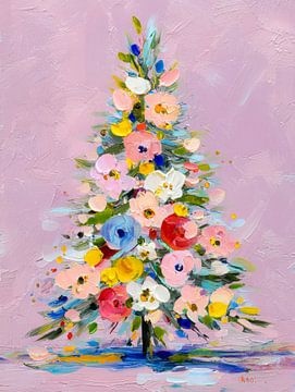 Floraler Weihnachtsbaum in sanften Pastelltönen mit handgemalter Textur und warmer Atmosphäre von But First Framing