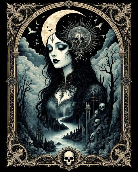 Poster Femme Lune Sombre - Portrait Gothique Mystique par Conpo Design