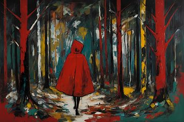 Figure rouge solitaire marchant dans une forêt colorée sur De Muurdecoratie