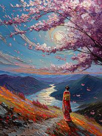 picturesque Japanese landscape art featuring a geisha