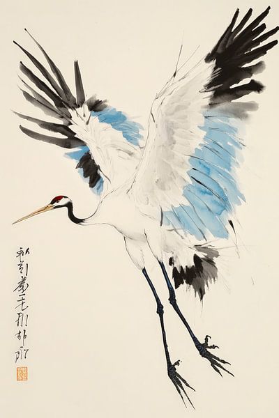Schwarz-weißer Kranich im Flug – Ästhetisch von Poster Art Shop