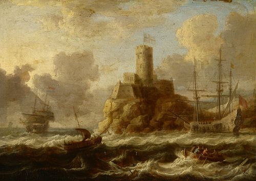 Kustfort met Stormachtige Zee, Peter van de Velde