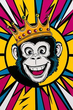 Vrolijke aap met kroon in popart stijl van De Muurdecoratie