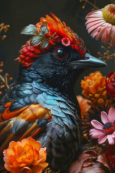 Bird with colorful flowers by haroulita