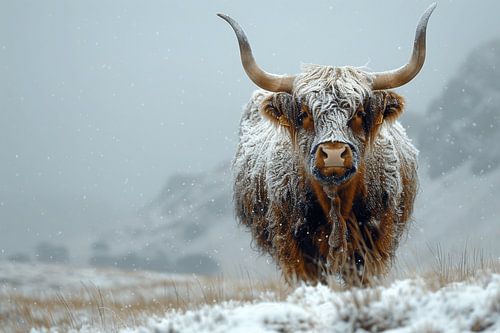 Wintervoogd: Schotse Hooglanders in de sneeuw - een kunstwerk voor liefhebbers van winterse natuur