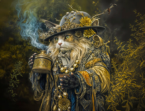 Enchanted woodland alchemist cat