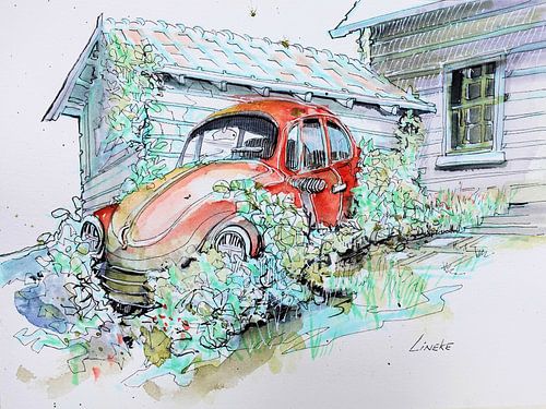 Volkswagen Kever in aquarel