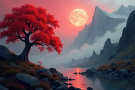 Peinture numérique d'un arbre rouge, d'un lac et de montagnes sous la pleine lune sur Markus Gann