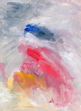 Gaudete. Abstract schilderij in pastel geel, rood, blauw, grijs, paars, wit van Dina Dankers