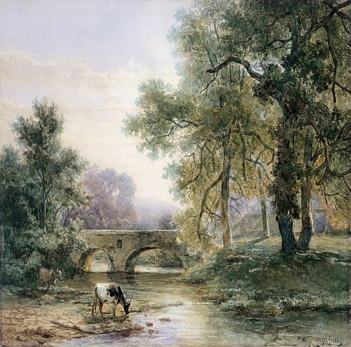 Boomrijk landschap met stenen brug over een rivier, Willem Roelofs (I)