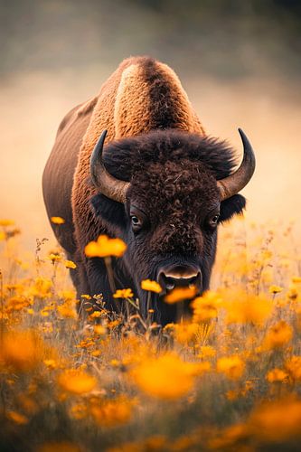 Bison dans un champ de fleurs