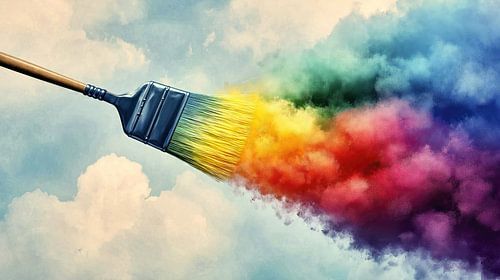Penseel schildert regenboogwolken in de lucht